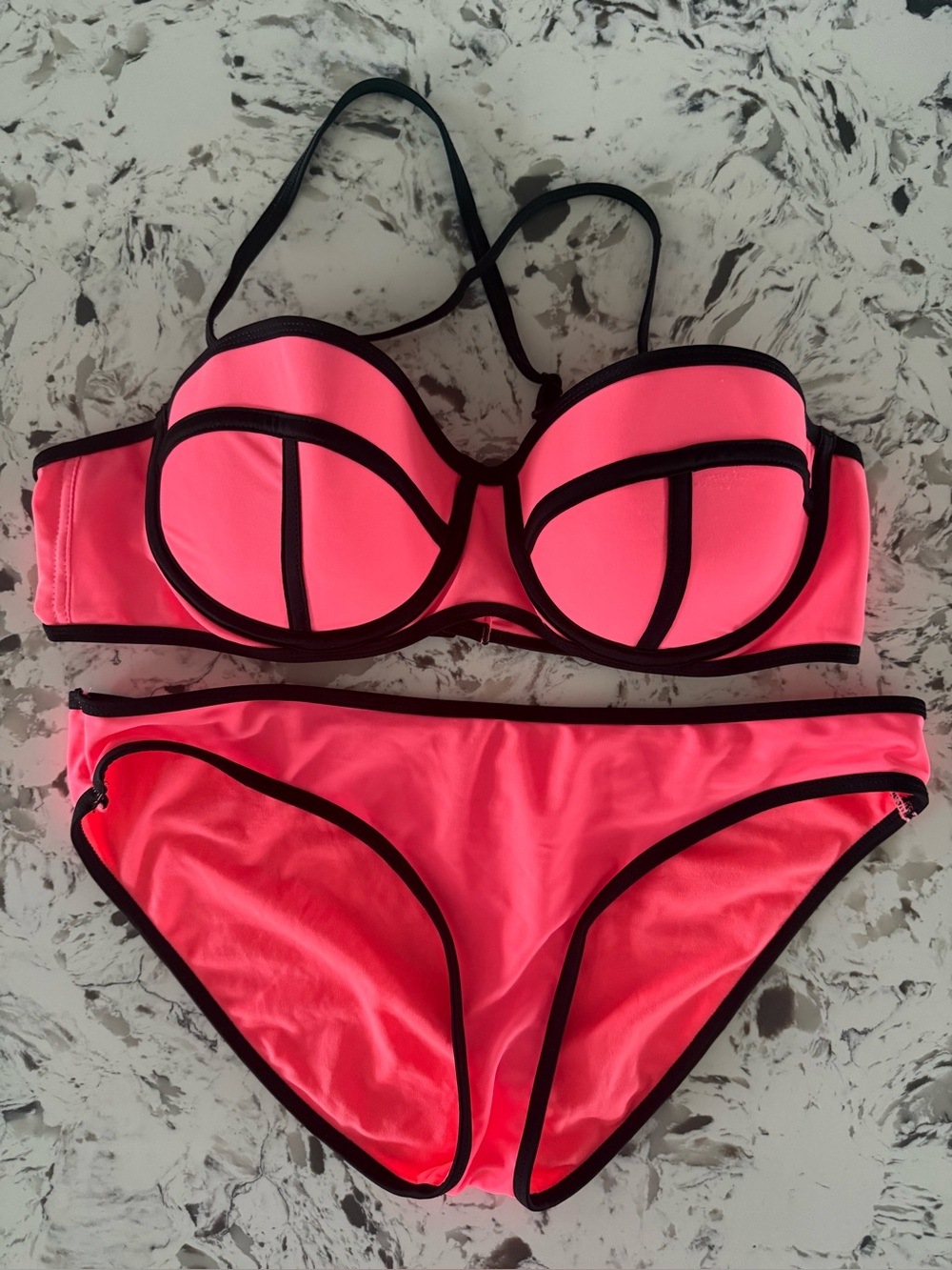 🔥 ARDENE - Neon Coral & Black Piping Bikini Set • Size Large 🔥